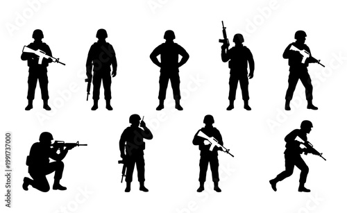Foto Military soldier silhouettes set, 9 armed infantry warrior figures with rifles,