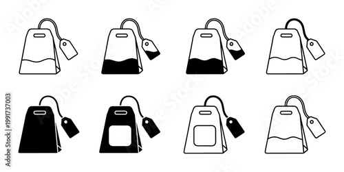 Minimalist tea bag icon set, black and white beverage brewing symbols, collection of 8 vector tea bag line art and solid silhouettes for cafe menus