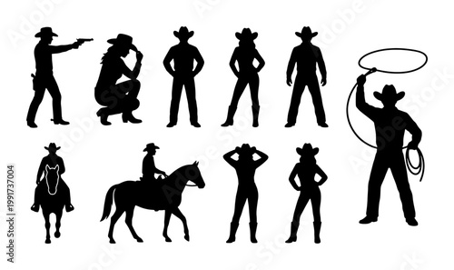 Photos Wild West cowboy silhouettes set, black western outlaw and cowgirl vector icons,
