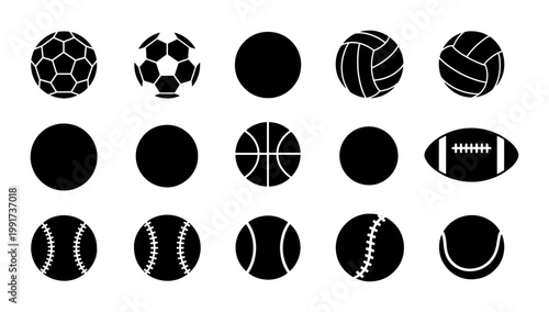 Minimalist sports ball icons set, black silhouette athletic equipment collection, 15 vector symbols for soccer basketball and football