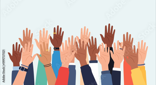 Diverse Group of People Raising Hands Together for Equality and Unity.