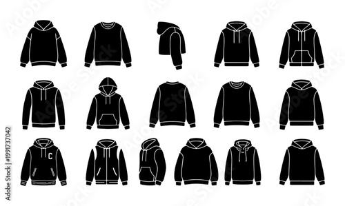 Hoodie and sweatshirt vector icons set, black apparel silhouettes for fashion design, 15 clothing mockups including zip-up hoodies and crewnecks