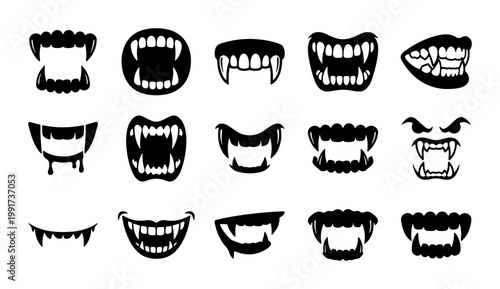 Vampire fangs and monster mouth icons, 15 black silhouette spooky teeth elements, horror creature smile vector set for Halloween design