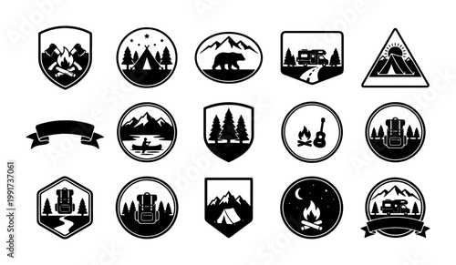 Vintage camping badges and outdoor adventure icons set, black and white wilderness logos, 15 nature exploration vector emblems for branding
