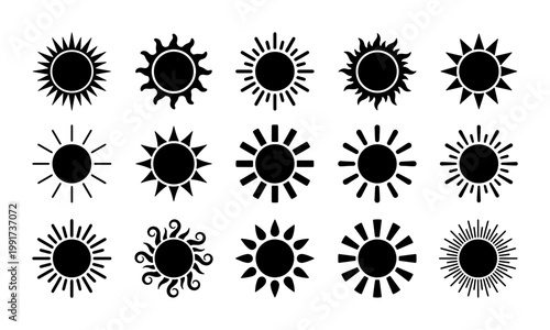 Minimalist sun icons set, 15 black solar symbols in vector format, geometric sunburst shapes for weather forecasting and summer branding
