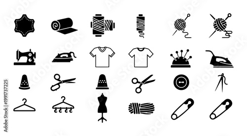 Tailoring and sewing icons set, black minimalist garment industry symbols, 24 vector elements for dressmaking and fashion design workshops
