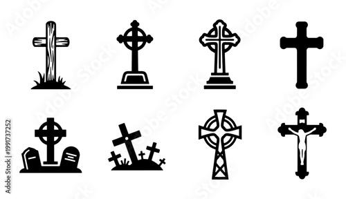 Gothic cemetery cross icons set, black religious gravestone silhouettes, 8 christian tombstone vector elements for funeral and halloween design