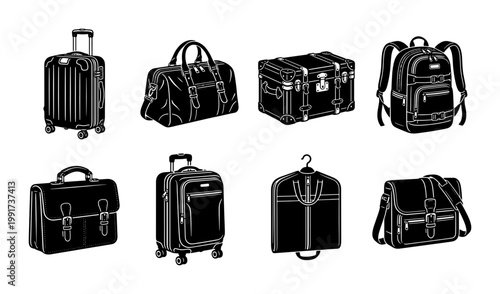 Vintage travel luggage collection, black and white vector set of 8 bags and suitcases, classic baggage icons for tourism and business trips
