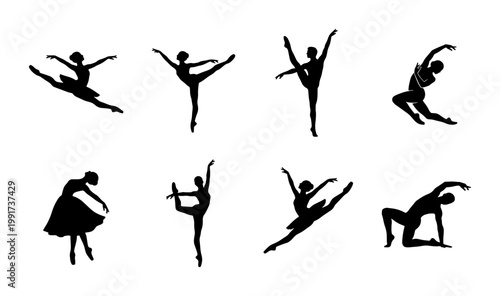 Graceful ballet dancer silhouettes set, 8 elegant ballerina vector icons in various poses, black dancing figures for theater and arts design