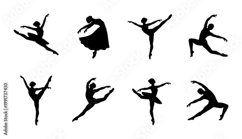 Bild auf Leinwand Graceful ballet dancer silhouettes set, elegant ballerina poses in black vector