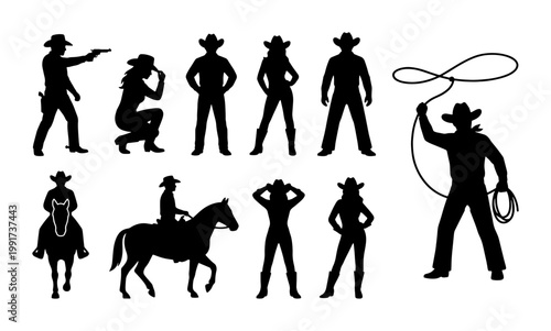 Tableau sur toile Wild West cowboy silhouettes collection, western outlaw and cowgirl figures, hor
