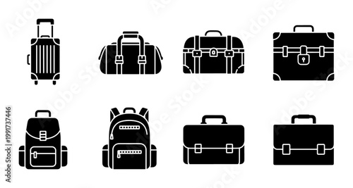 Foto Travel luggage icon set, black silhouette suitcase and backpack collection, 8 ve