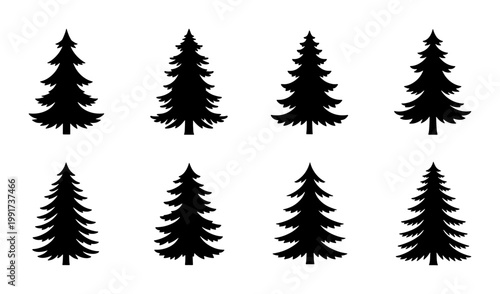 Black pine tree silhouettes set, 8 evergreen conifer vector icons, minimalist fir and spruce forest shapes for winter holiday and outdoor logos