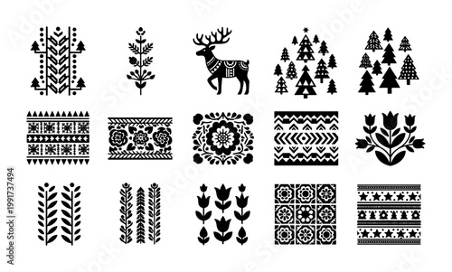 Scandinavian folk art vector set, 15 black nordic ornaments with reindeer and floral motifs, traditional ethnic embroidery patterns for winter decor