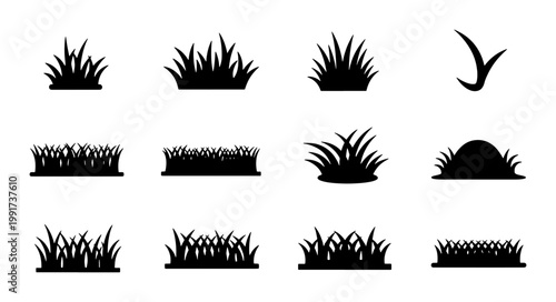 Black grass silhouette collection, 12 nature plant tuft icons, minimalist garden lawn border elements, botanical meadow weed vector set
