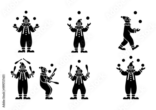Obraz na płótnie Vintage circus clown silhouettes set, 6 juggling performer vector icons, retro c