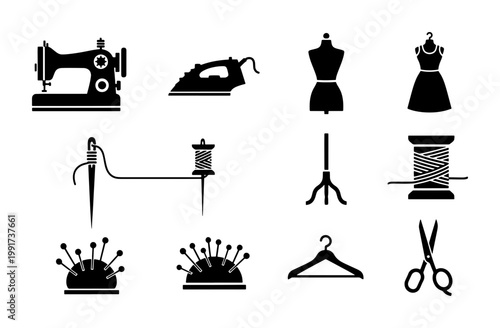 Vintage sewing icons set, black silhouette tailoring equipment vector, dressmaking tools collection with sewing machine and mannequin