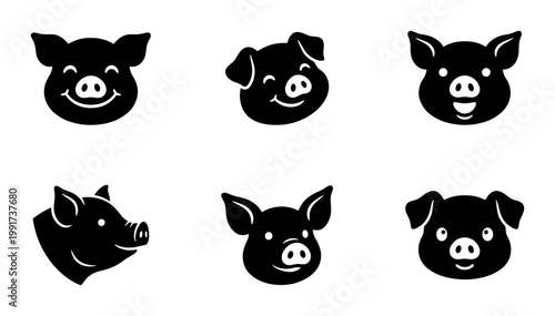 Minimalist pig head icons set, black silhouette swine face vector collection, cute farm animal head illustrations for butcher shop branding and logos