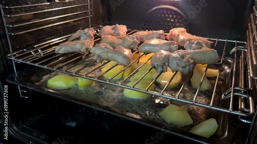 Home Chef Seasonings And Baking Process. Raw Poultry On Baking Rack With Potato Sides In Warm Oven