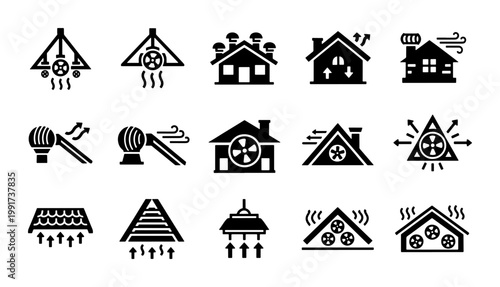 Attic ventilation and home cooling system icons, 15 black vector elements for roof airflow, residential HVAC and house temperature control set