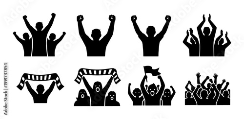 Sports fan silhouettes set, cheering crowd icons with flags and scarves, 8 vector elements of excited people celebrating at stadium event