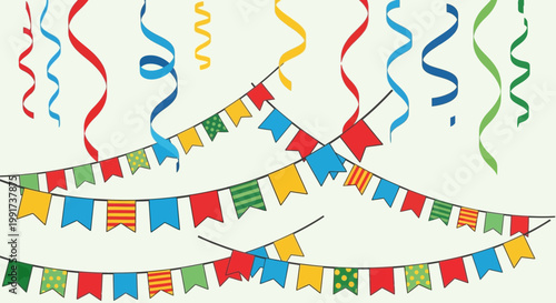 Colorful party bunting flags and hanging ribbons for celebration.