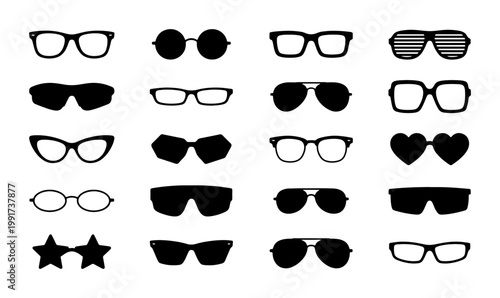 Black sunglasses and eyeglasses icons set, 20 vector eyewear silhouettes, fashion spectacles and sun glasses collection for summer and optic shop