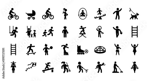 Black silhouette icons of children playing, 32 playground activity vector elements, kids outdoor recreation and park equipment symbols
