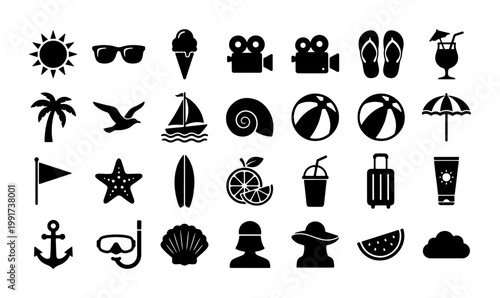 Summer vacation icons set, black silhouette beach holiday symbols, 28 travel and tropical vector elements for tourism design