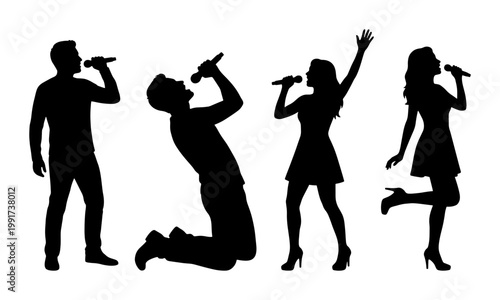 Tableau sur toile Singer silhouettes set, vocal performance vector icons of men and women with mic