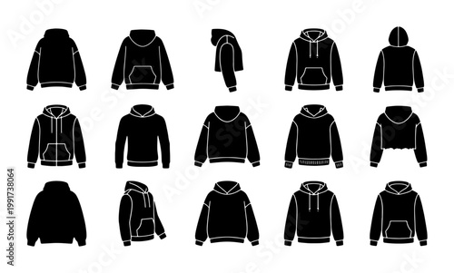 Black hoodie mockup vector icons, 15 blank sweatshirt templates for apparel design, minimalist streetwear garment silhouettes for fashion branding