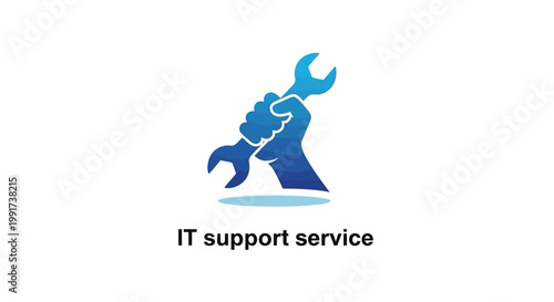 Blue hand holding a wrench, IT support service logo design.