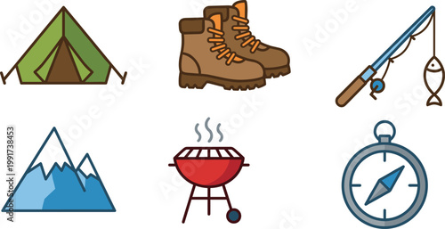 Flat Vector Illustration Set of Camping Icons Featuring a Green Tent, Hiking Boots, Fishing Rod, Snow-Capped Mountains, BBQ Grill, and Compass.