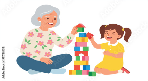 Generational bonding grandmother and granddaughter play with colorful building blocks