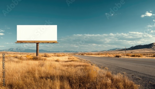 Empty billboard by a desert highway under a vast, cloudy blue sky