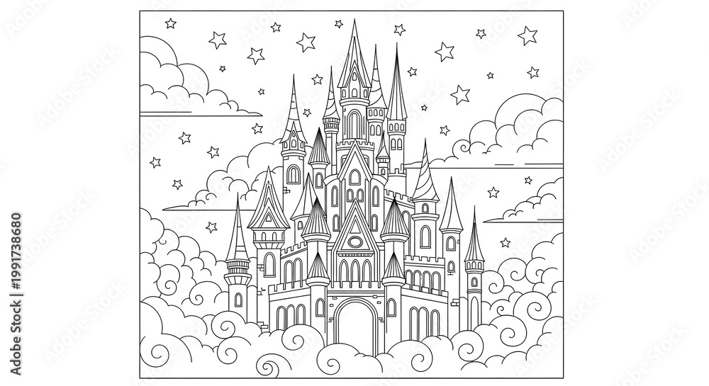 Fototapeta premium Intricate castle coloring page detailed illustration for kids and adults