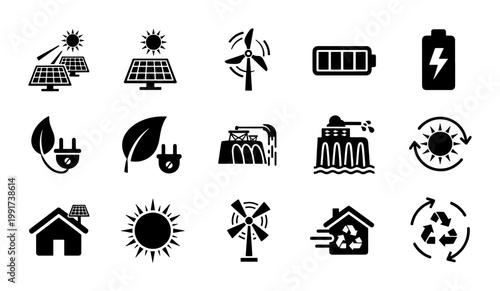 Renewable energy icon set, sustainable green power symbols, 15 black vector silhouettes for solar panels, wind turbines, and eco battery storage