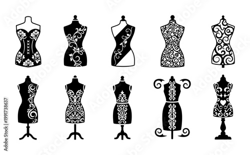 Vintage mannequin dress form icons, set of 10 decorative tailor dummy silhouettes, ornate floral sewing bust vectors for fashion design and boutiques