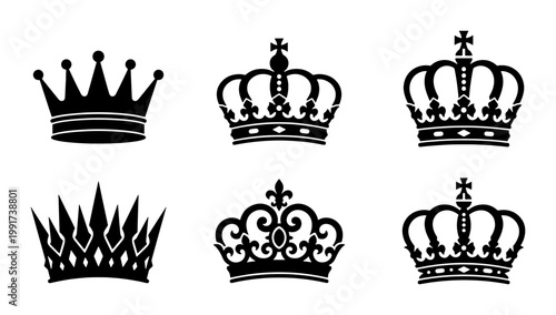 Royal crown silhouettes set, 6 black heraldic tiara icons, vintage king and queen headwear vector collection for luxury branding and logo design