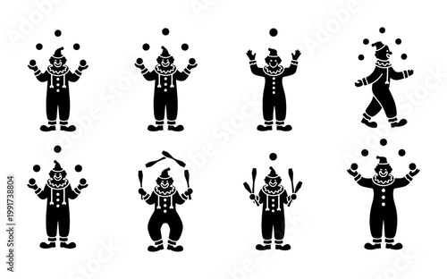 Circus clown silhouette icons set, 8 juggling performer vector elements, black and white carnival entertainer characters for event branding