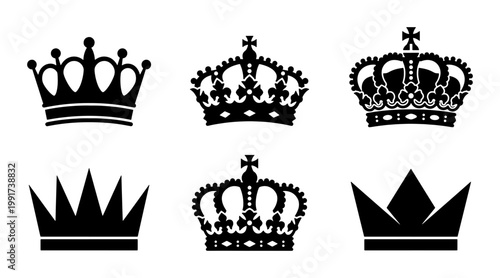 Photography Vintage royal crown silhouettes, set of 6 black heraldic icons, elegant king and