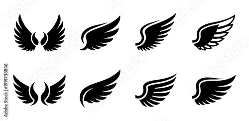 Tableau sur toile Black wing silhouettes collection, set of 8 heraldic bird and angel wings, minim