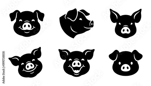 Minimalist pig head silhouette icons, set of 6 black swine face vector illustrations, cute farm animal character logos for butchery and food branding