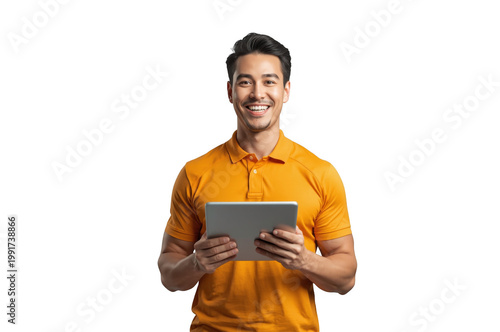 Asian man smiling, holding tablet, using technology
