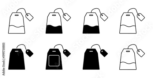 Minimalist tea bag icon set, black and white vector tea bag symbols, collection of 8 linear and solid tea bag illustrations for cafe menus