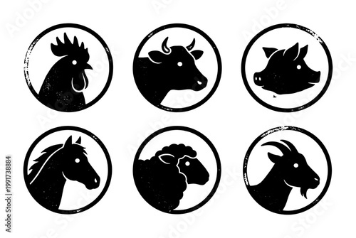 Vintage farm animal icons set, black silhouette livestock stamps of cow, pig, chicken, horse, sheep and goat, rustic agricultural vector collection