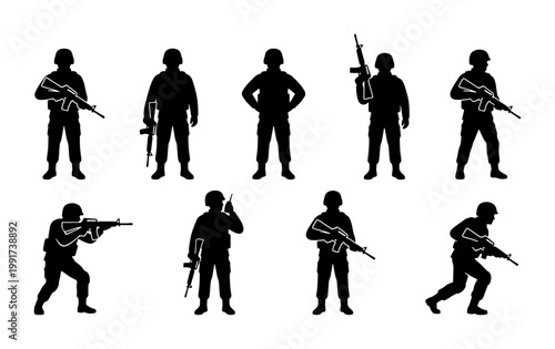 Military soldier silhouettes set, armed infantry troops in tactical poses, 9 army commando vector icons for war and defense concepts