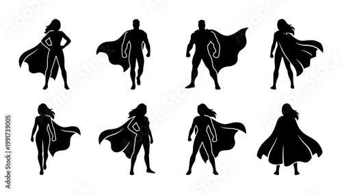 Superhero silhouette collection, 8 male and female hero vector icons with capes, powerful comic book character silhouettes for gaming and branding