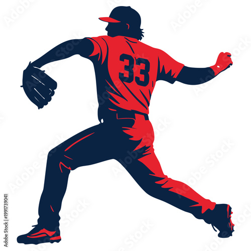 Baseball Pitcher Throwing Ball Dynamic Colored Silhouette Vector