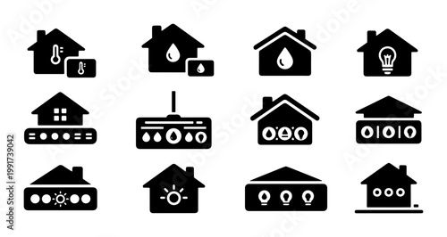 Smart home automation icons set, 12 black solid vector symbols for house control systems, residential technology and IoT dashboard interface elements